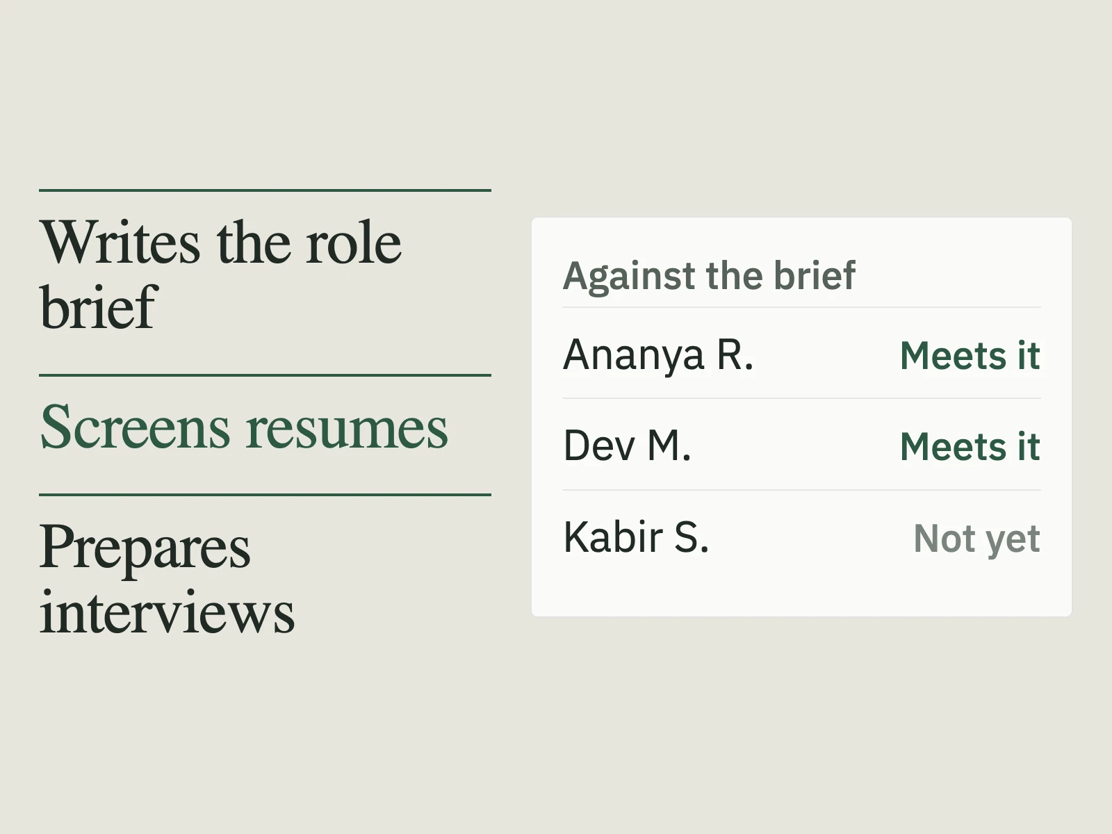 Illustration of the hiring workflow: a role brief, resumes screened against it, and an interview plan with the decision left to the panel.